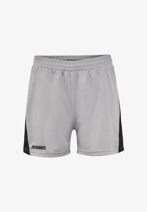 Grijze sportieve shorts met zwarte accenten aan de zijkanten, gemaakt van lichte, ademende stof. Voorzien van een elastische tailleband en een Hummel-logo.