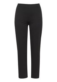 Leggings noirs en tissu extensible, avec une texture lisse et une coupe à la cheville, dotés d'une simple taille élastique.