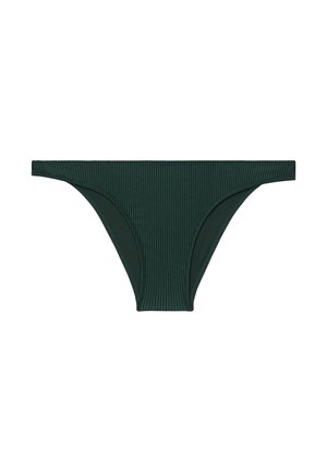 Zielone bikini dolne z prążkowanym wzorem i trójkątnym krojem. Posiada teksturowany materiał i czyste szwy. Brak widocznych elementów metalowych lub ozdób.