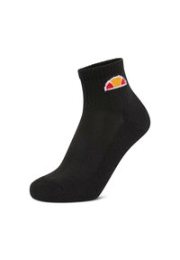 Calcetín negro hasta el tobillo hecho de una mezcla de algodón; presenta un puño acanalado y un parche de logotipo de colores con acentos en amarillo, rojo y blanco.