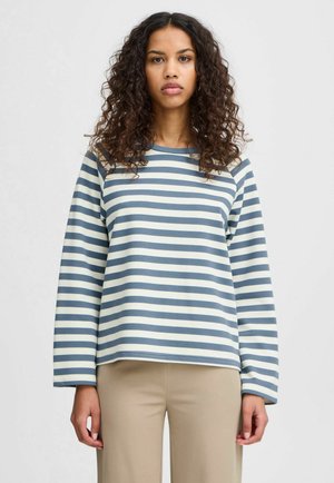 Striped long-sleeve top in light blue and white, with a round neckline and relaxed fit. Soft fabric with horizontal stripes.