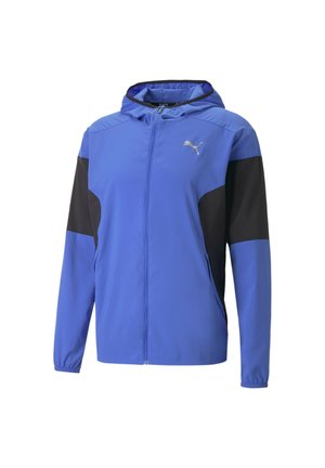 Niebieska kurtka z kapturem z czarnymi panelami na rękawach, zamkiem z przodu, elastycznymi mankietami i srebrnym logo Puma na piersi.