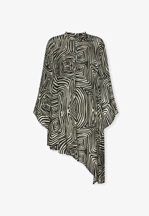 Asymmetrische Tunika mit schwarz-weißem abstraktem labyrinthartigem Muster und langen, weiten Ärmeln.
