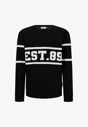 Schwarzer Pullover mit langen Ärmeln und weißen Streifen an den Ärmeln sowie dem Text "EST. 89" in fetten weißen Buchstaben auf der Brust.
