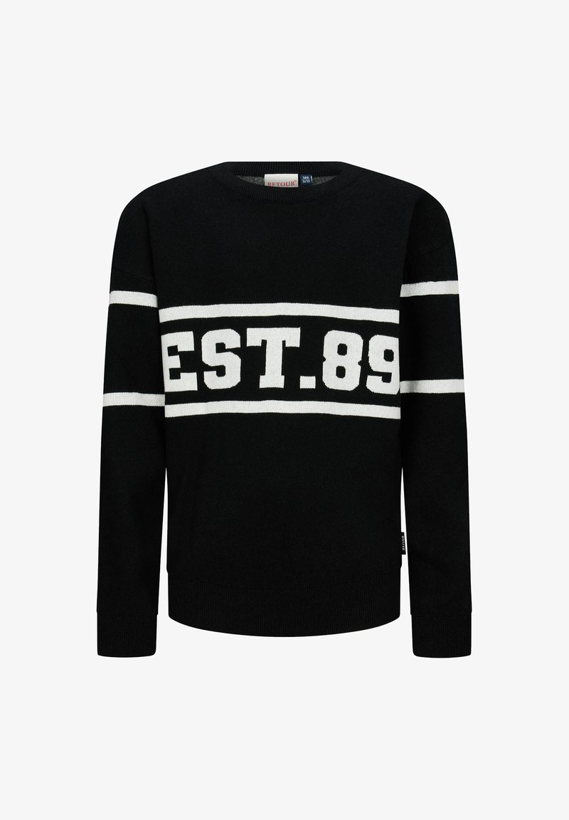 Schwarzer Pullover mit langen Ärmeln und weißen Streifen an den Ärmeln sowie dem Text "EST. 89" in fetten weißen Buchstaben auf der Brust.