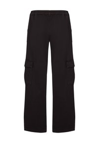 Zwarte cargo broek met een elastische tailleband, wijde pijpen en zijzakken. Gemaakt van lichtgewicht stof met een gladde textuur.