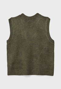 Ärmlös grön stickad tröja med ribbat rundhals och fåll. Mjuk textur, jämn färg och inga utsmyckningar eller mönster.