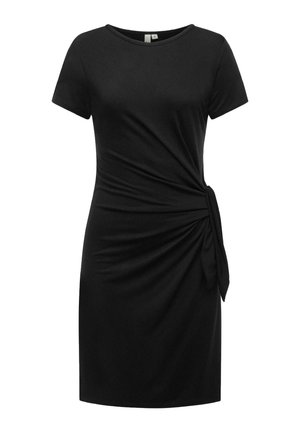 Black short-sleeve knee-length dress with round neckline and gathered fabric tied in a knot on the right hip.