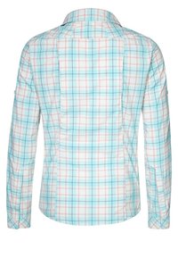 Langärmliges, knöpfbares Hemd mit einem hellblauen, weißen und roten Karomuster, von hinten gezeigt.