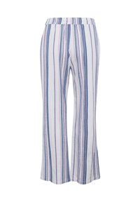 Gestreepte linnen broek in het wit, met blauwe en roze verticale strepen, een wijde pijp ontwerp en een elastische tailleband voor comfort.