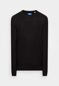 Pull noir à manches longues en maille avec col rond côtelé, poignets et ourlet, posé à plat sur fond blanc.