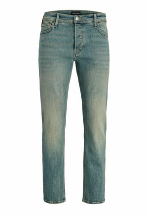 Moške modre ozke kavbojke iz denima z bledečimi detajli in sprednjo zapenjanje na gumbe, s petimi žepi in zankami za pas.