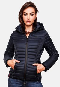 Navy puffer jacket with a zip front, hood, and quilted design. Features side pockets and smooth texture. Lightweight and insulated.