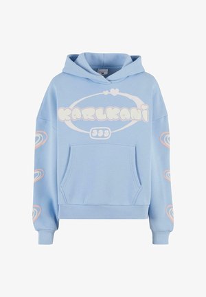 Light blue hoodie with a large white "KARLKANI" logo, front pocket, and pastel swirl graphics on sleeves. Cotton blend material, relaxed fit.