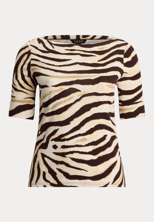 Short-sleeve top in beige with dark brown zebra stripes. Features a round neckline and soft texture, suitable for casual wear.