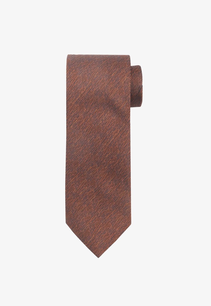 Gestructureerde stropdas in donkerbruin met subtiele oranje stippen, voorzien van een puntige punt en een opgerolde uiteinde voor gemakkelijke opslag.