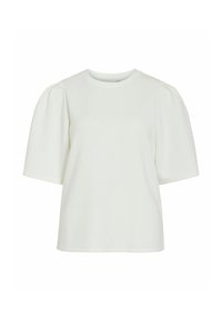 Haut blanc à manches courtes avec un col rond et des manches bouffantes. Fabriqué en tissu lisse, il présente une coupe décontractée et un design minimaliste.