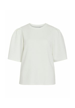 Top bianco a maniche corte con scollatura a girocollo e maniche a palloncino. Realizzato in tessuto morbido, presenta una vestibilità rilassata e un design minimal.