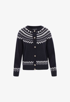 Marineblauer Cardigan mit weißen geometrischen Mustern, Rundhalsausschnitt und Knopfverschluss. Strickstoff mit gerippten Bündchen und Saum.