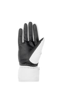 Guanto termico bianco e nero con parte superiore texturizzata, palmo liscio e polsino cucito etichettato "THERMOSHIELD". Design a cinque dita.
