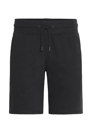 Black cotton blend shorts with an elastic waistband, drawstring closure, and a smooth texture. Knee-length with no visible patterns or accents.