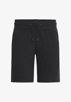 Black cotton blend shorts with an elastic waistband, drawstring closure, and a smooth texture. Knee-length with no visible patterns or accents.