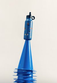 Sinine isoleeritud veepudel illustratsioonidega istub siniste plastkoonuste virna peal. Omadusena on klapiga kaas ja matt viimistlus.