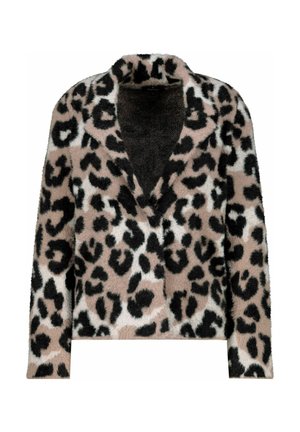 Leopard-print jacket made of soft, fuzzy material; features a shawl collar, long sleeves, and a relaxed fit in shades of black and beige.