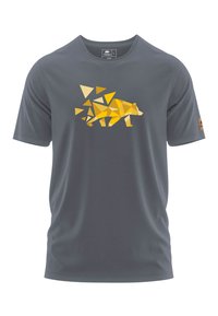 Grijze T-shirt met korte mouwen, voorzien van een geometrisch geel berenontwerp. Gemaakt van zachte stof met een ronde halslijn en platte naden.