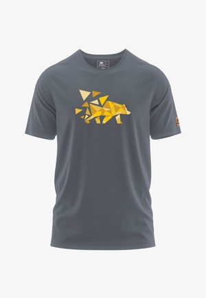 T-shirt gris à manches courtes avec un design de ours géométrique jaune. Fabriqué en tissu doux, avec un col rond et des coutures plates.
