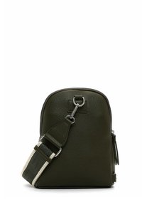 Olive green leather backpack with a textured finish, curved shape, silver hardware, and a patterned strap featuring cream accents.