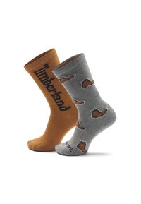 Due paia di calze: una arancio-marrone con il logo "Timberland", l'altra grigia con design di scarponi. Realizzate in cotone, presentano una superficie liscia.