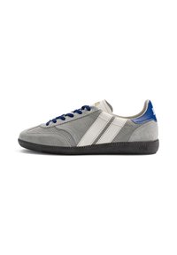 Baskets basses en suède gris avec des rayures blanches, un patch bleu au talon et des lacets bleus, présentées de profil sur fond blanc.