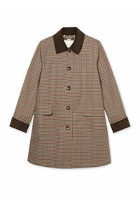 Cappotto a quadri nei toni del beige, marrone e rosso, con colletto in suede marrone, chiusura con bottoni e due tasche frontali.