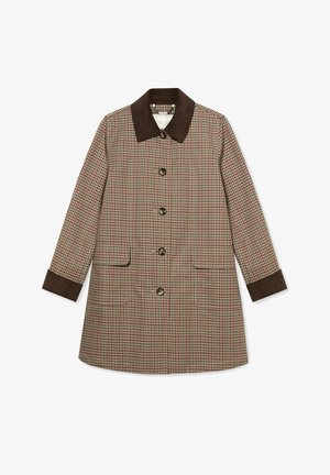 Cappotto a quadri nei toni del beige, marrone e rosso, con colletto in suede marrone, chiusura con bottoni e due tasche frontali.