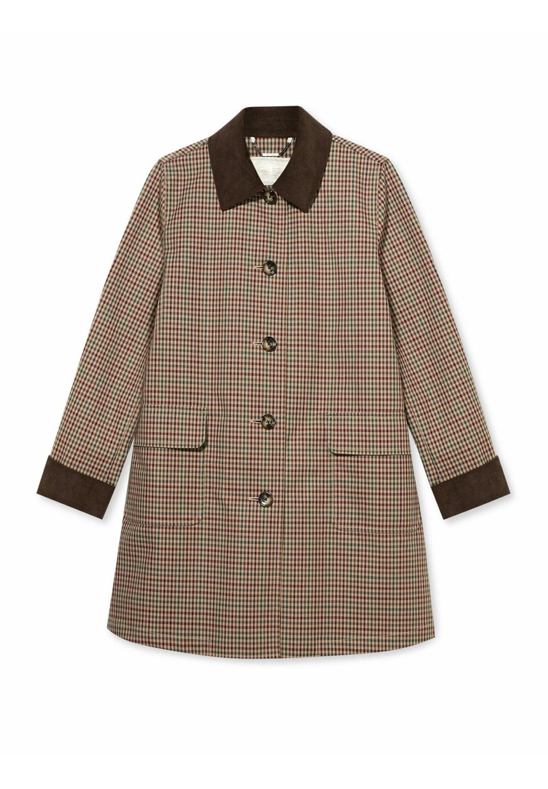 Cappotto a quadri nei toni del beige, marrone e rosso, con colletto in suede marrone, chiusura con bottoni e due tasche frontali.