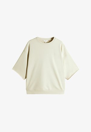 Helles beiges Sweatshirt mit kurzen, weiten Ärmeln, rundem Ausschnitt und lockerer Passform. Hergestellt aus weichem, strukturiertem Stoff.