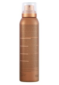 Bronzefarbenes Aerosol mit transparentem Deckel, auf der Rückseite mit mehrsprachigem Text, der Anwendungshinweise und Zutaten enthält.