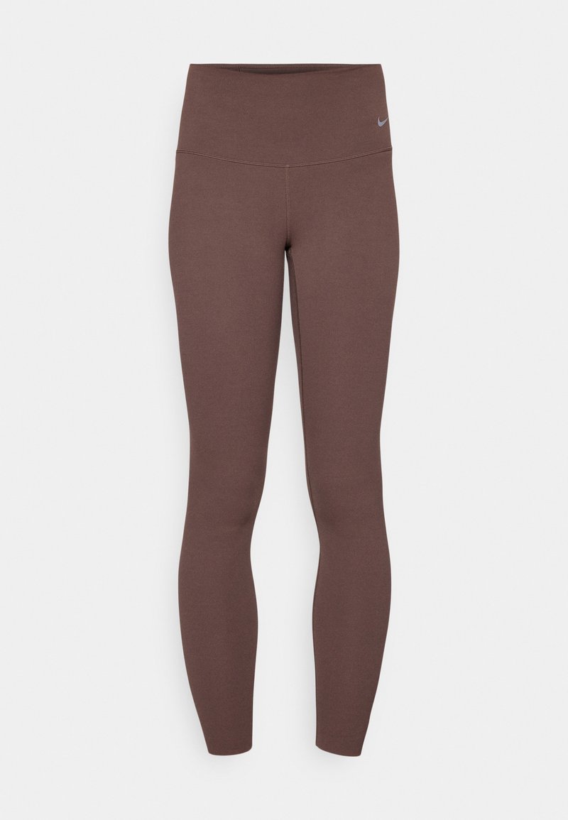 Bruine leggings met een hoge taille, gemaakt van rekbaar materiaal, met een gladde textuur en een klein logo op de tailleband.