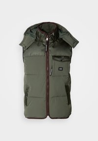 Olive green puffer vest with a detachable hood, zippered front, mesh accents, two side pockets, and a chest pocket with brand label.
