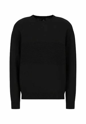 Maglione nero lavorato a maglia con scollo rotondo, caratterizzato da un motivo a strisce orizzontali testurizzate sul petto e polsini e orlo a coste.