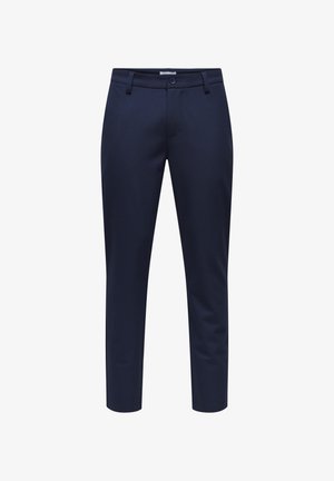 Tumesinised sinised püksid sileda kangaga, millel on lukuga nööp, nööbi sulgemine ja eesmine taskud; kohandatud sobivus otse sääretusega.