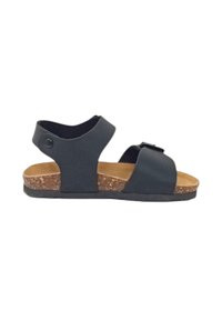 Sandali neri con suola in sughero, dotati di fasce larghe e supporto per il tallone posteriore. Texture liscia e design minimalista.