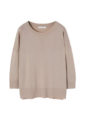 Cremefarbenes, locker sitzendes Sweatshirt mit rundem Halsausschnitt, überschnittenen Schultern und gerippten Bündchen. Weicher Stoff mit minimalen Nähten und ohne Muster.