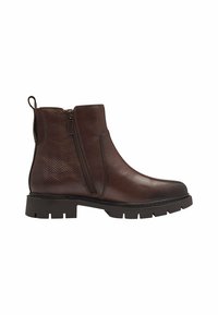 Braune Leder-Stiefelette mit strukturierten Fischgrät-Panels, seitlichen Reißverschlüssen und einer robusten Sohle. Verfügt über eine Zuglasche an der Rückseite für ein einfaches An- und Ausziehen.