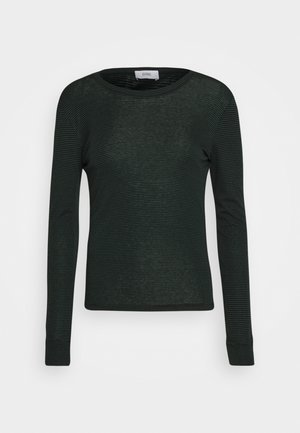 Maglia a maniche lunghe verde scuro realizzata con materiale testurizzato con sottili righe orizzontali e scollo rotondo. Design elegante e aderente.