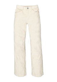 Pantalones de pana de un beige claro con un diseño de pierna recta, que cuentan con un cierre de botón, trabillas para el cinturón y dos bolsillos frontales. Textura suave.