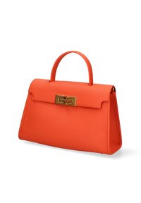 Oranje leren handtas met een gestructureerd ontwerp, voorzien van een handvat aan de bovenkant en een gouden sluiting aan de voorkant.