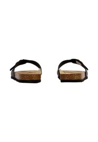 Sorte flip-flops med kork-sål og gummisål, der har et minimalistisk design og flade stropper. Enkel bagvinkel, der fremhæver formen og materialerne.