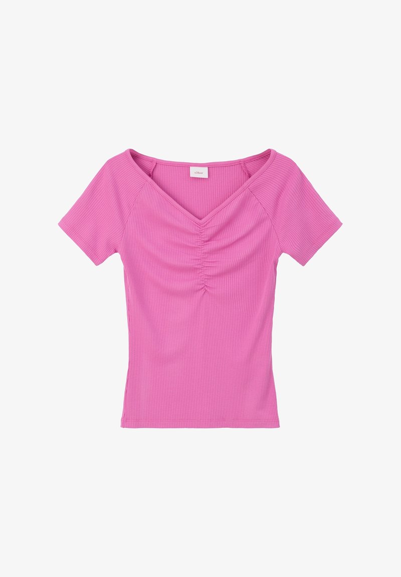 Fitted pink ribbed top with short sleeves and a v-neckline. Features ruched detailing at the front. Made from a stretchy material.